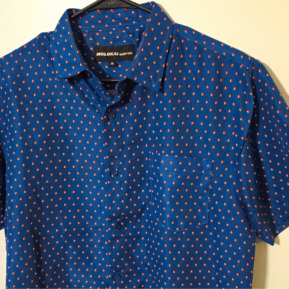 Molokai Surf Co. Men's Woven Cotton/Poly SS Button-Up Pocket M Blue/Orange #311